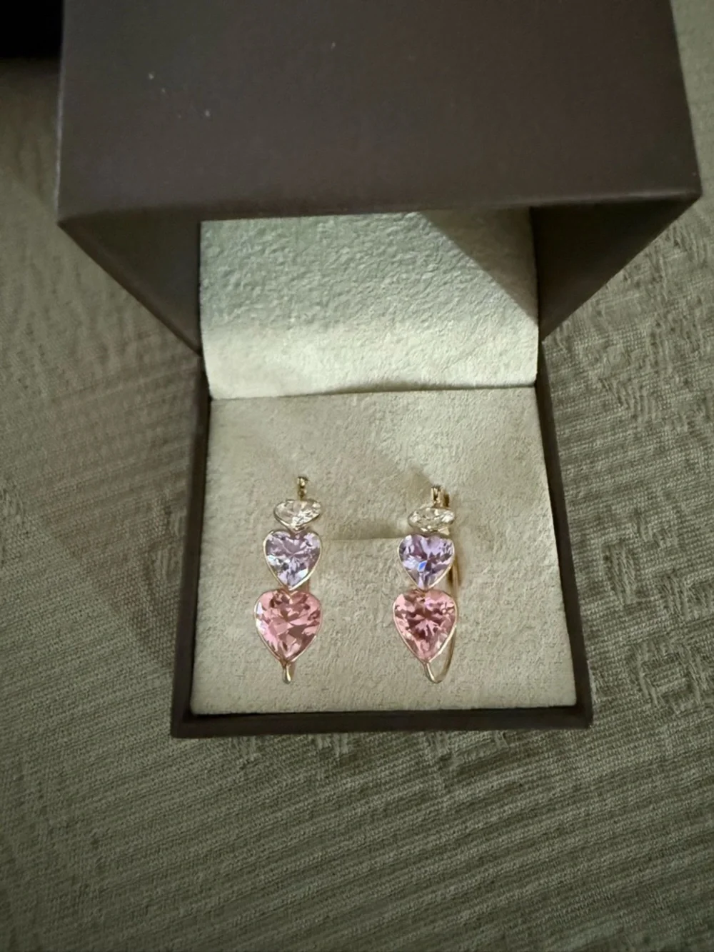 14kt Gold Heart Drop Earrings with Pink and Lavender Stones - Picture 1 of 4